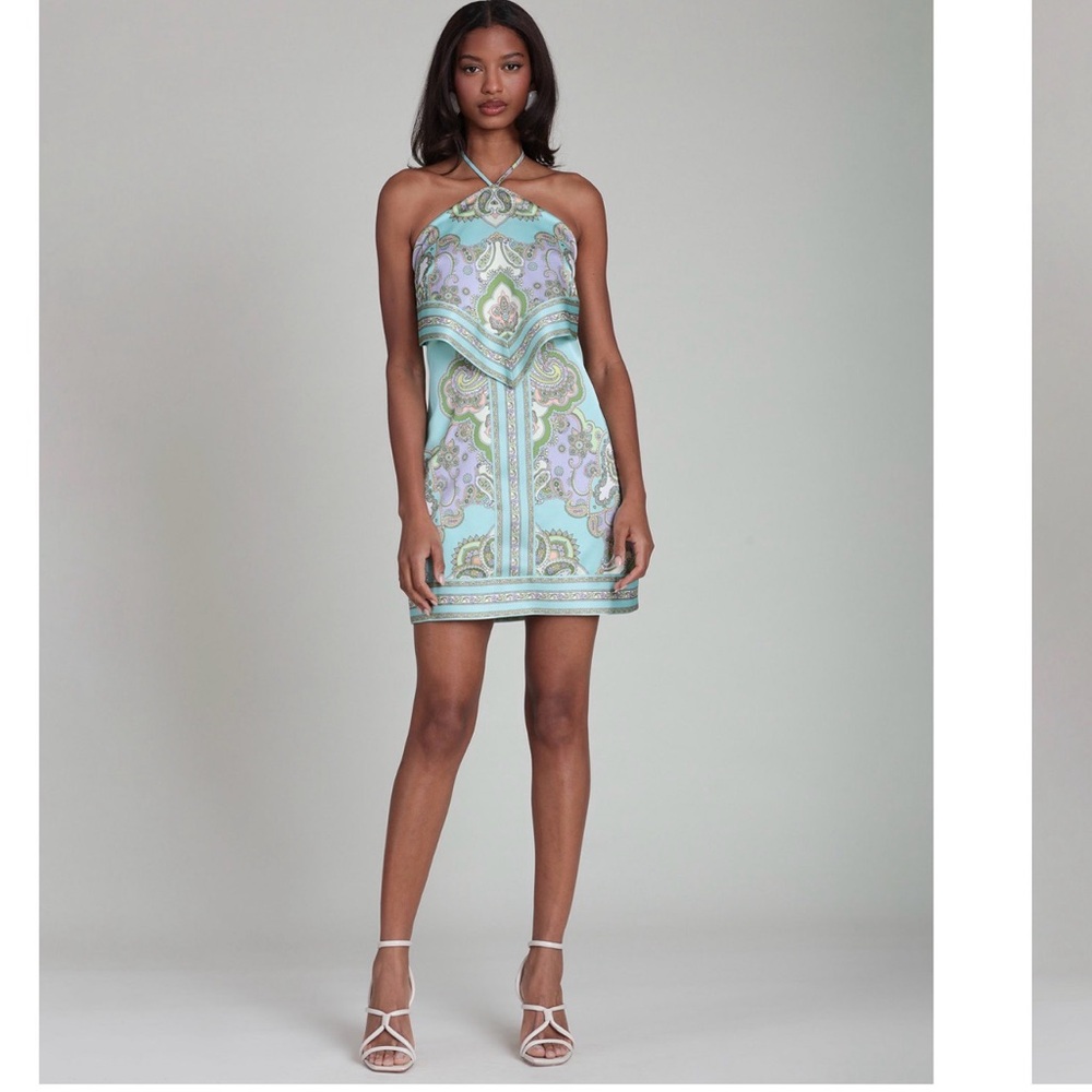 Avec Les Filles Pastel Paisley Halter Mini Dress in Mint and Lilac